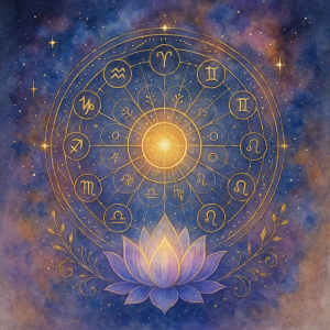 Sacred Dasha wheel with zodiac symbols and lotus illustration used by Ayoura Sky for Vedic astrology teachings.