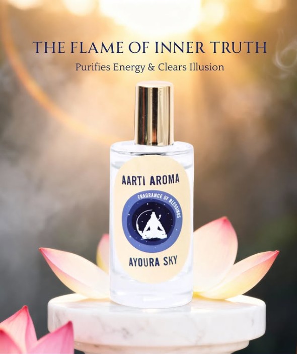 Sacred Ayoura Sky Aarti Aroma astro fragrance offering placed on a marble pedestal with lotus petals and golden spiritual light, inspired by purification, inner truth, energy cleansing, and devotional temple atmosphere.