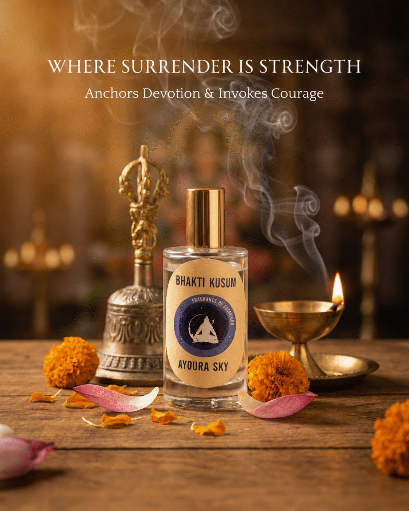 Sacred Ayoura Sky Bhakti Kusum astro fragrance offering inspired by Hanuman devotion with spiritual temple atmosphere, diya light, and grounded ritual energy.