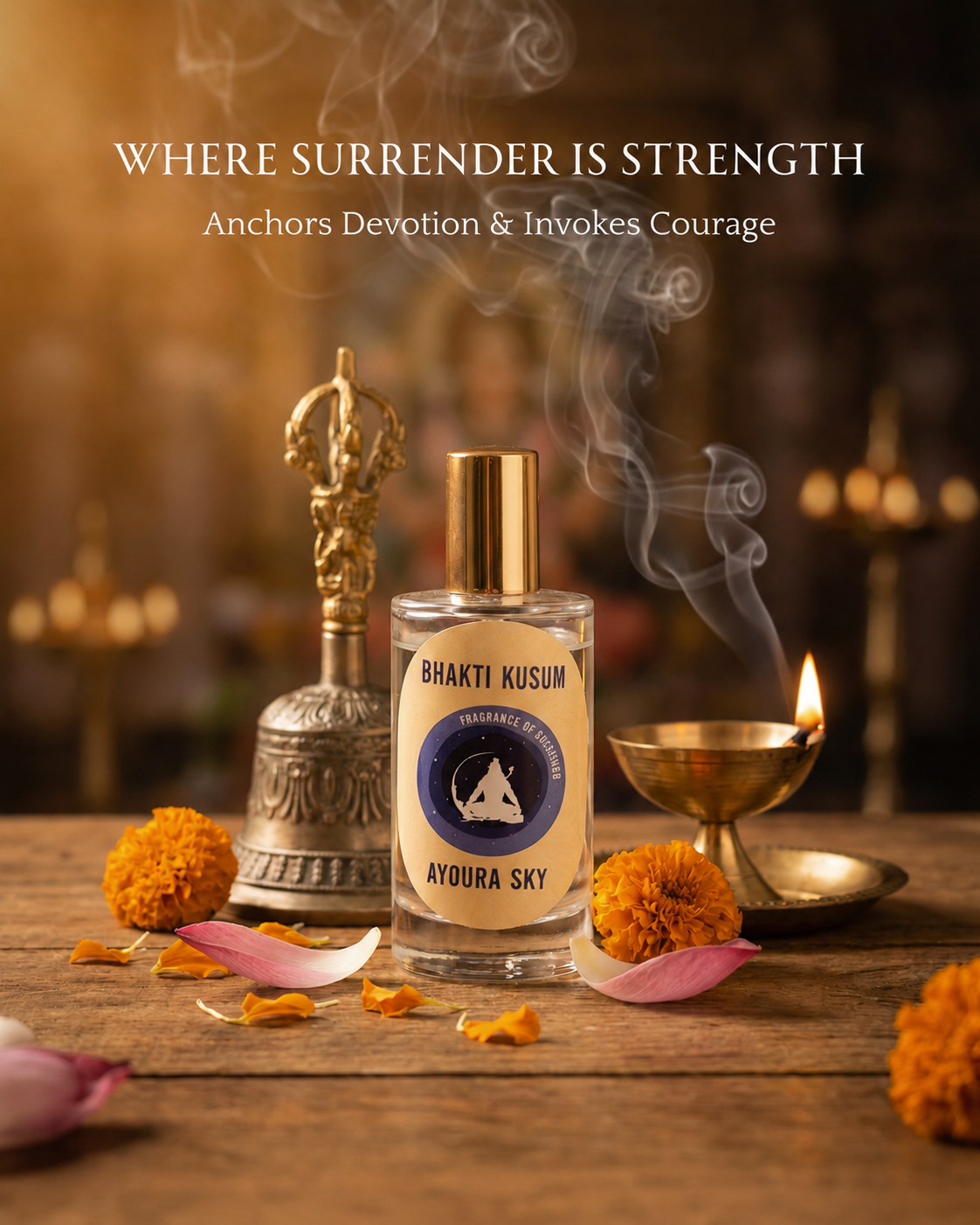 Sacred Ayoura Sky Bhakti Kusum astro fragrance offering inspired by Hanuman devotion with spiritual temple atmosphere, diya light, and grounded ritual energy.